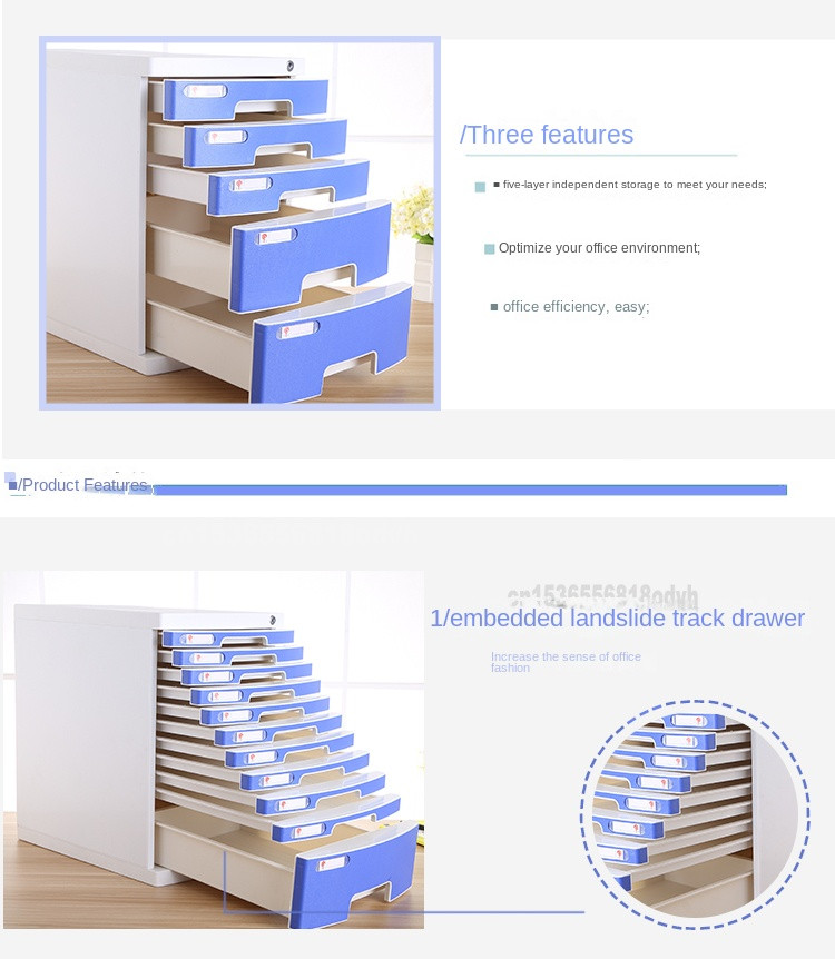 Blue and white 5-drawer file cabinet with open drawers